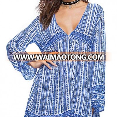 Ladies Fashion V-neck Long Sleeve Knee-length Loose Chiffon Dress