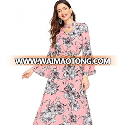 Fashion V-neck Flare-Sleeve Floor-Length Printed Polyester Dress For Women