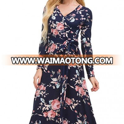 Fashion Long Sleeve V-neck Floor-length Rayon Dress For Women