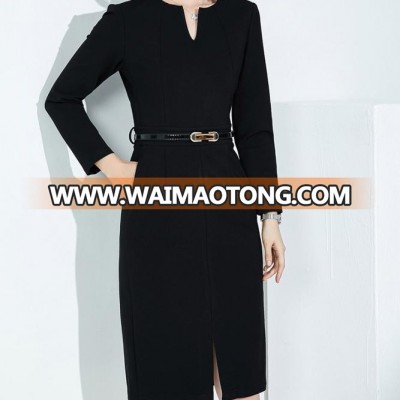 V-neck Long Sleeve Black Formal Cotton Dresses For Woman