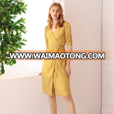 New Style Yellow Chiffon Wave Point V-neck Casual Wear  Dress