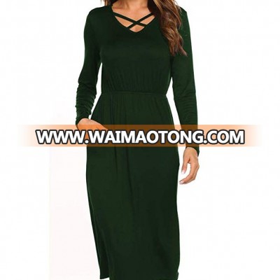 Fashion V-neck  Long Sleeve Knee-length Straight  Rayon Dress For Women