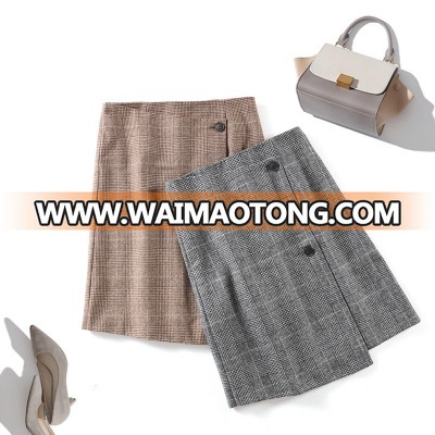 Women Autumn Vintage Lattice Pattern  Asymmetrical Woolen Skirt