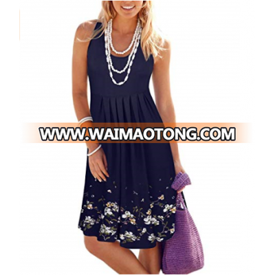 New Style Summer Women Casual Print Loose Pleated Sleeveless Dress