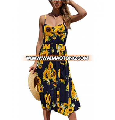 New Style Summer Women Beach Floral Bohemian Spaghetti Strap Button Dress